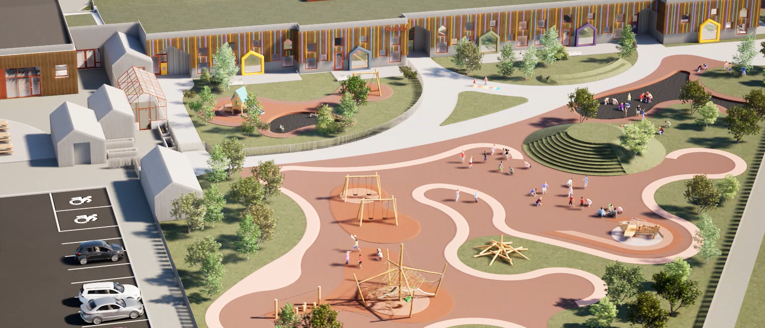 Tölvuteiknuð mynd af leikskólanum og garðinum