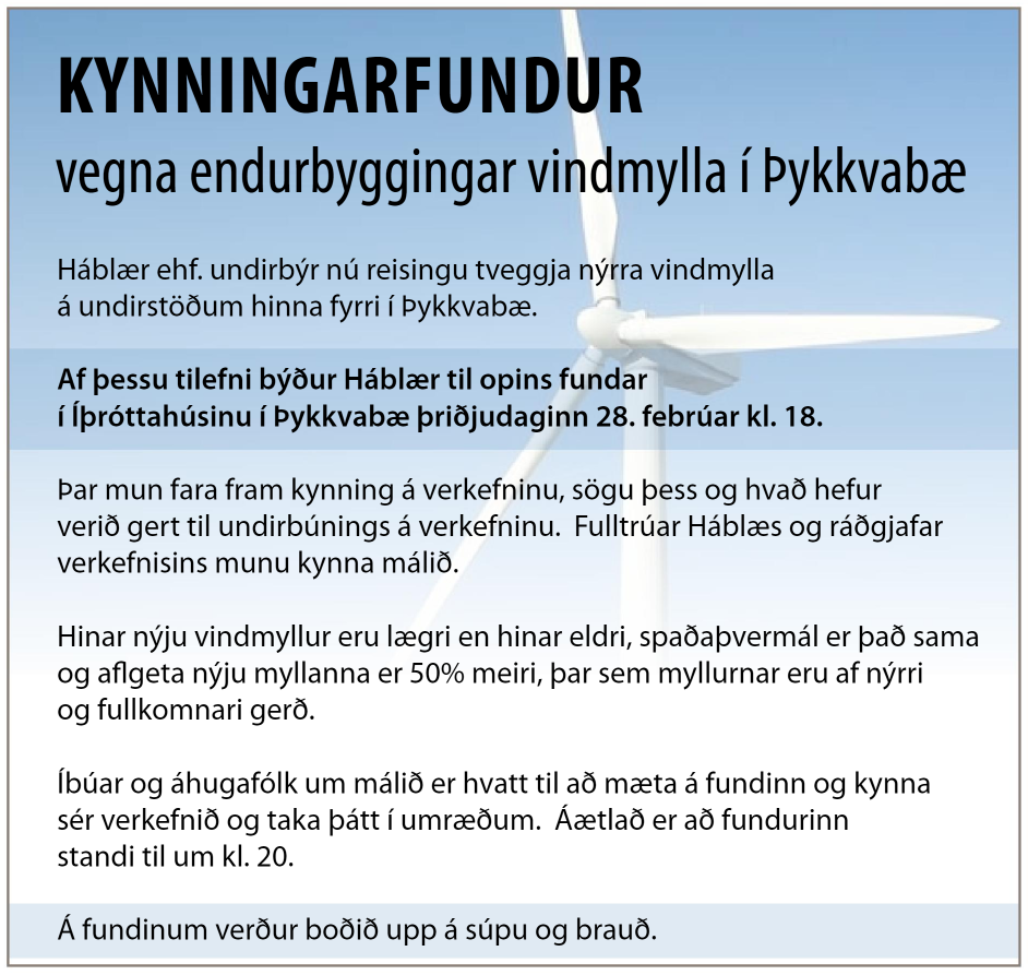 Kynningarfundur vegna endurbyggingar vindmylla í Þykkvabæ