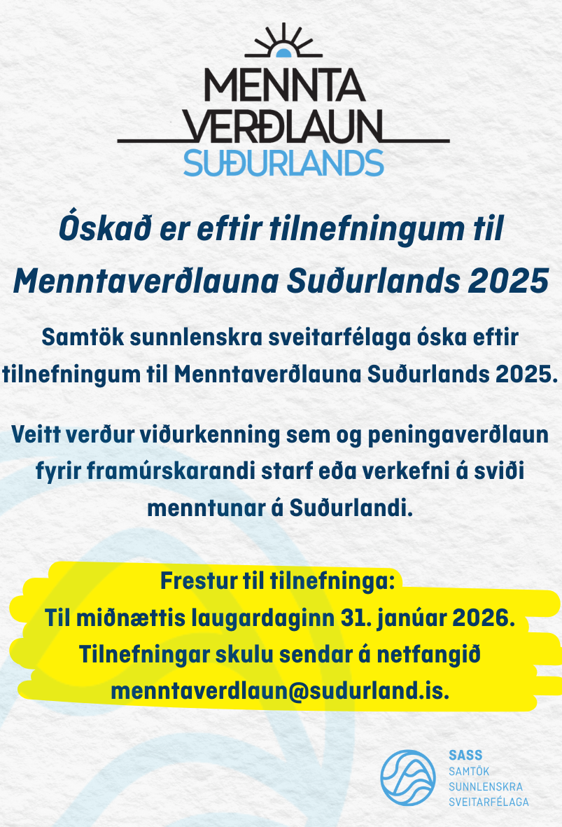 Óskað er eftir tilnefningum til Menntaverðlauna Suðurlands 2025