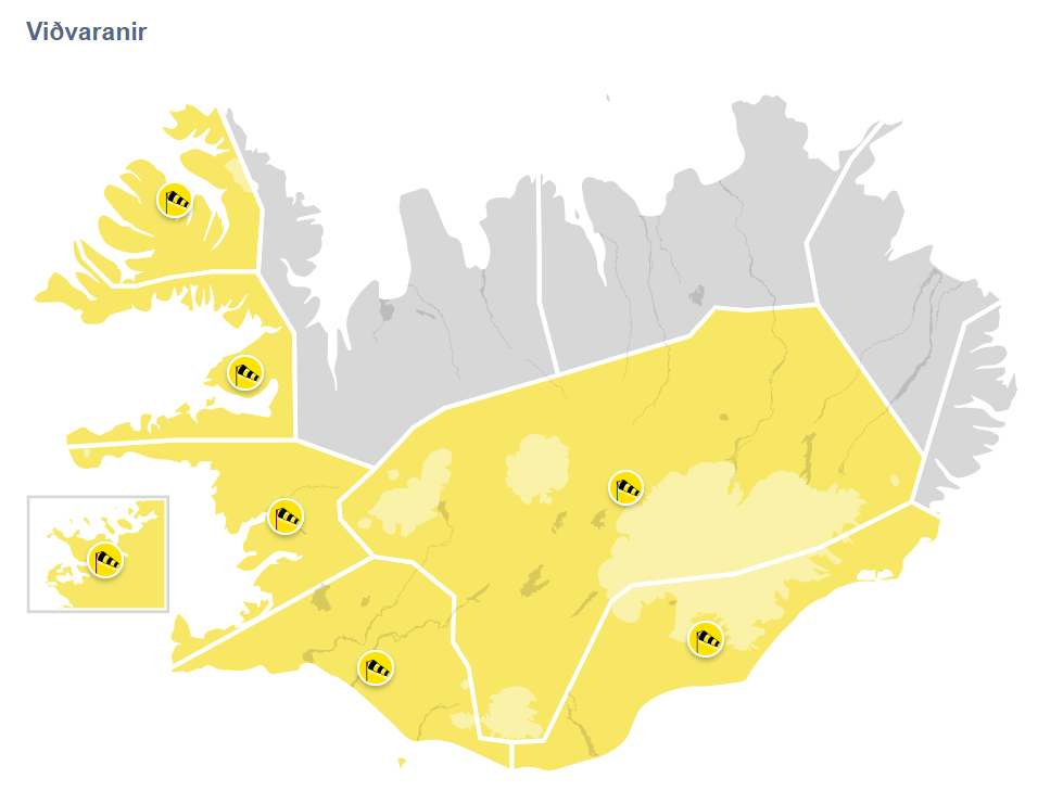 Gul viðvörun frá kl 21:00 á föstudaginn fram til kl 14:00 á laugardaginn