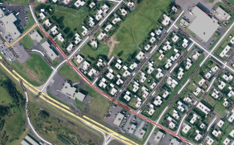 Lokunarsvæði, rauð lína. Öllu svæðinu verður ekki lokað í einu.