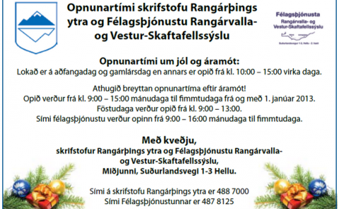 Opnunartími skrifstofu Rangárþings ytra og Félagsþjónustu Rangárvalla- og Vestur-Skaftafellssýslu