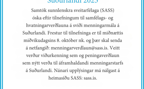 Menningarverðlaun SASS - óskað eftir tilnefningum